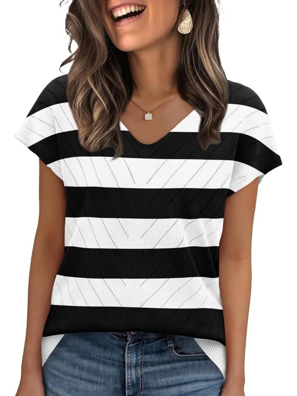 Women's Black W Trendy Summer Tops Sweater Pullover V-Neck Pull On Short Sleeve